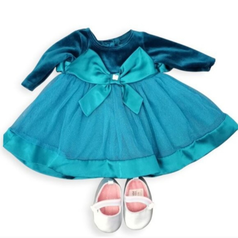 Youngland Teal Velvet Baby Dress with Bow and Silver Shoes Sz. 0-3mo. EUC.